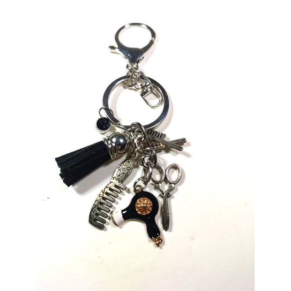Cosmetology Keychain Silver Tone Brush Hair Dryer Scissors Keychain Purse Clip - Picture 2 of 6